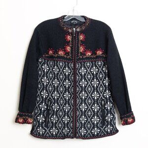 Icelandic Design Wool Cardigan Full Zip Jacket Embroidered Floral Fair Isle